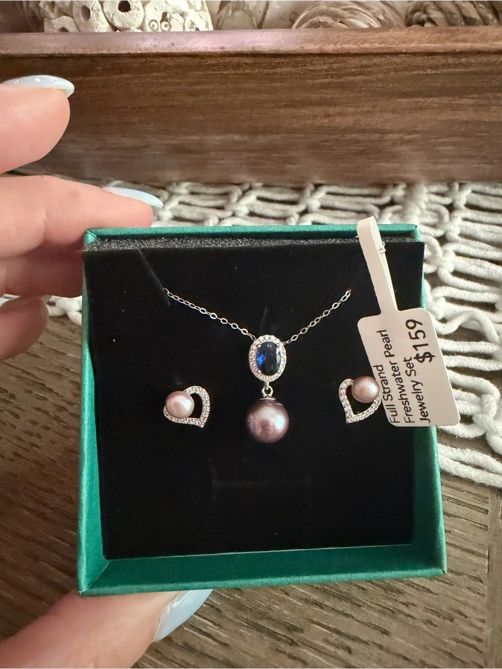 Freshwater Deep Purple Pearl Necklace with Blue Crystal Stone Universal Pendant